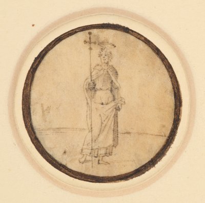 Redondel que representa a Cristo con un largo manto sujeto al cuello sosteniendo una cruz procesional. de German School