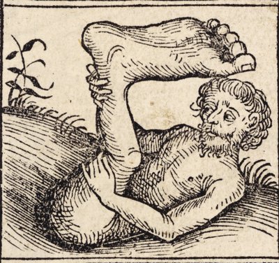 Un sciopod, Hombre con un pie hinchado, de ``Registrum Hujus Operis Libri Cronicarum cum Figuri et Imagibus ab Inicio Mundi