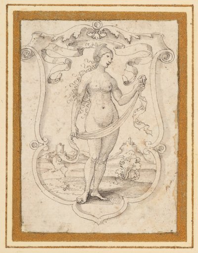 Escudo en roleos con la imagen de una mujer desnuda de pie en un paisaje, con una banderola encima, tal vez una alegoría del Orgullo. de German School