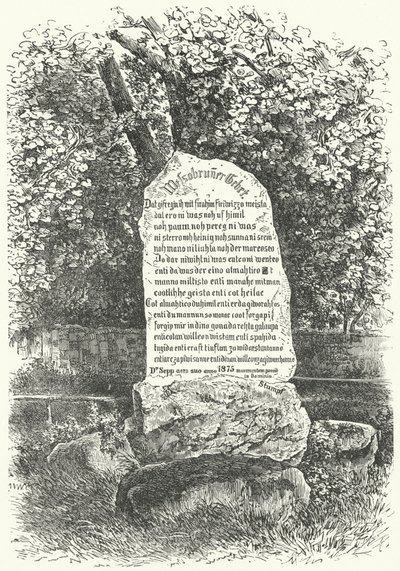 Una tableta de piedra que muestra La Oración de Wessobrunn de German School