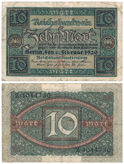 Un billete de diez marcos, 1920 (anverso y reverso) de German School