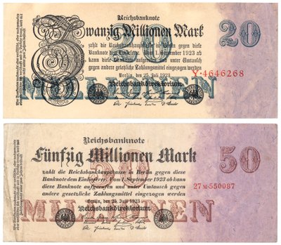 Billetes de veinte y cincuenta millones de marcos, 1923 de German School