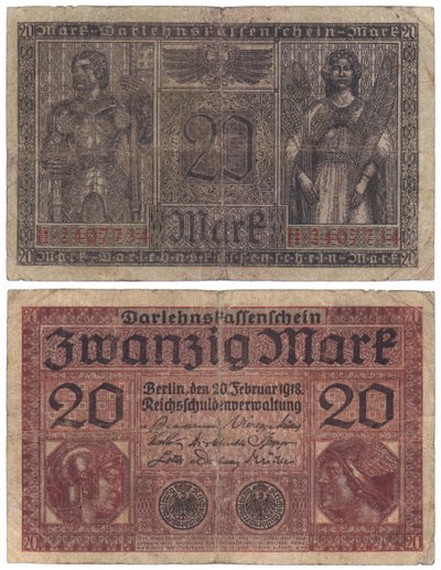 Un billete de veinte marcos, 1918 (anverso y reverso) de German School
