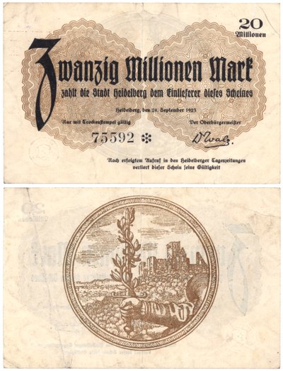 Un billete de veinte millones de marcos, 1923 (anverso y reverso) de German School