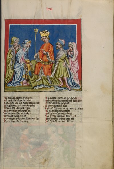 Aarón transforma la vara en una serpiente de Weltchronik Ms. 33, fol. 73, c.1400-10 de German School