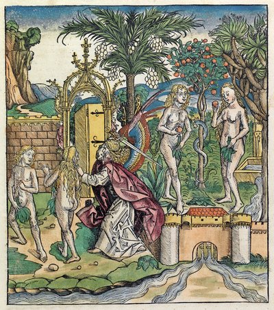 Adán y Eva siendo expulsados del Edén, publicado en la Crónica de Núremberg, 1493 de German School
