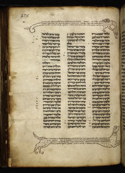 Agregar. 21160, f.188, Micrografía de dos perros persiguiendo a un ciervo, árbol con pájaros y un dragón, en Números (cap. 2-3). de German School