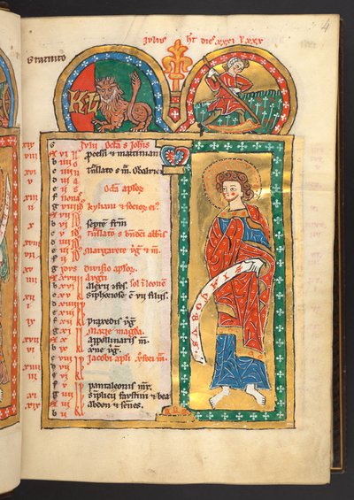 Agregar. 60629, f.4 Julio. 12 páginas de calendario en oro y colores, con marcos arquitectónicos que contienen cada uno un signo del zodíaco, un apóstol y un trabajo del mes.  Salterio. Salterio iluminado con calendario, cánticos y letanías para uso de las de German School