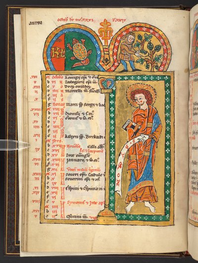 Agregar. 60629, f.5v Octubre. 12 páginas de calendario en oro y colores, con marcos arquitectónicos que contienen cada uno un signo del zodíaco, un apóstol y un trabajo del mes.  Salterio. Salterio Iluminado con Calendario, Cánticos y Letanías para uso de  de German School
