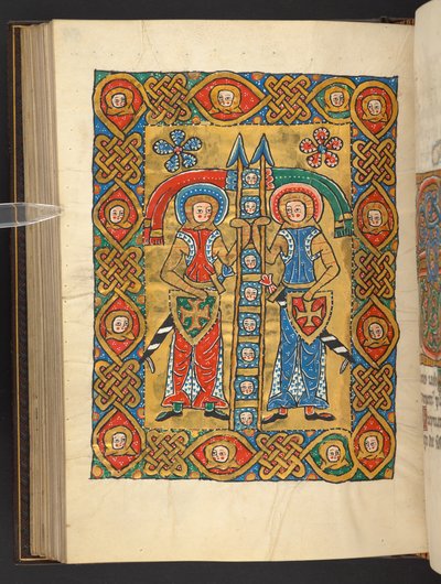 Agregar. 60629, f.84v Dos santos militares, con cabezas ajenas (vitela) de German School