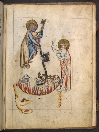 Añadir MS 15243 f.34r Ángel sosteniendo la llave de un pozo sin fondo, ilustración de 