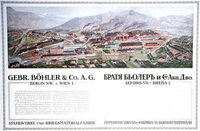 Anuncio de la fábrica de acero y armamento de la compañía austriaca Gebr.Boehler & Co, de un almanaque búlgaro, c.1916 de German School