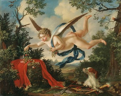 Alegorías del amor - Cupido recogiendo flores en un paisaje de German School