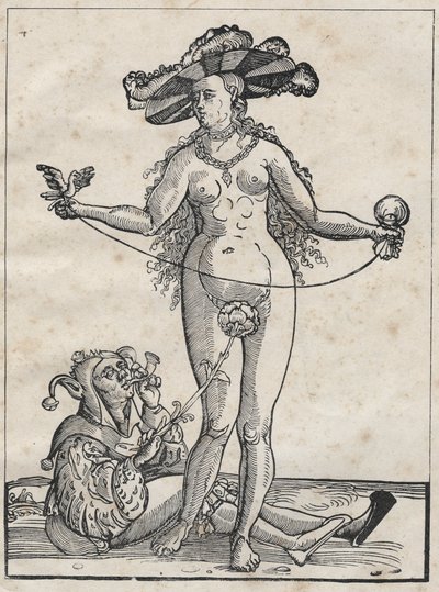 Alegoría de la locura (La mujer y el tonto) grabado alemán del siglo XVI de German School