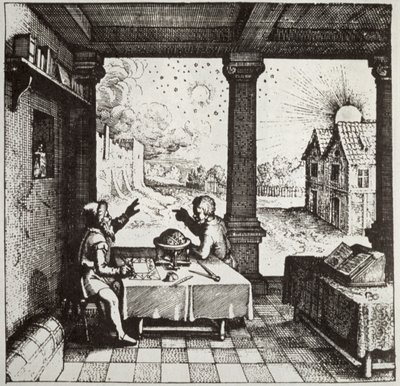 Un astrólogo haciendo un horóscopo, copia de una ilustración de Utriusque Cosmi Historia por Robert Fludd, Oppenheim 1617, usado en una Historia de la Magia, publicado a finales del siglo XIX de German School
