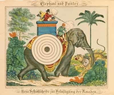 Un elefante y un pantera con objetivos, de Neuruppiner Bilderbogen, 1850 de German School