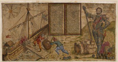 Folleto ilustrado que celebra la campaña de Francis Drake contra los españoles, ilustración de "Hier steh ich Drach in Engelandt" (pluma y tinta con aguada sobre papel). de German School