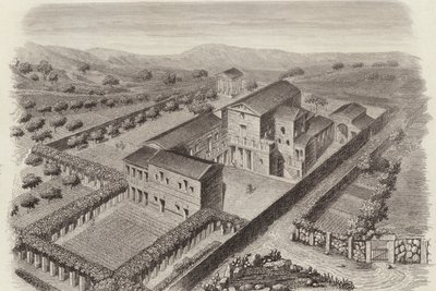 Casa de campo griega antigua en Al-Barah, Siria. Ilustración para Bilder-Atlas de German School