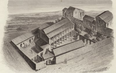 Casas griegas antiguas en Moudleja, Siria. Ilustración para Bilder-Atlas de German School