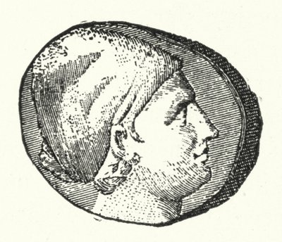 Moneda antigua mostrando la cabeza de la antigua poeta griega Safo de German School