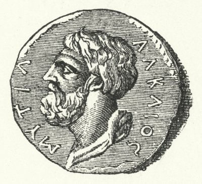 Moneda antigua mostrando la cabeza del poeta griego Alceo de Mitilene de German School