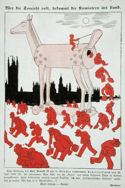 Caricatura antibolchevique del Tercer Reich que representa a los bolcheviques escapando de un Caballo de Troya hacia Londres (litografía en color) de German School