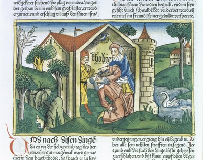 Apócrifos: Tobías es cegado por excrementos de gorriones, de la Biblia de Núremberg (Biblia Sacra Germanaica) de German School