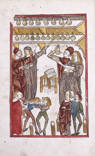 Boticarios y pociones, con dos niños peleando en primer plano, 1491 de German School
