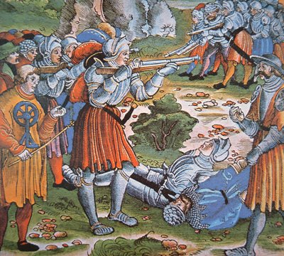 Soldados acorazados disparando arcabuz de mecha, finales del siglo XV de German School