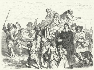 Llegada de inmigrantes hugonotes franceses a Brandeburgo después de que el Gran Elector Federico Guillermo emitiera el Edicto de Potsdam en 1685 (grabado) de German School