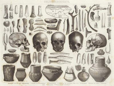 Artefactos de las edades de hielo y piedra. Ilustración para Bilder-Atlas de German School