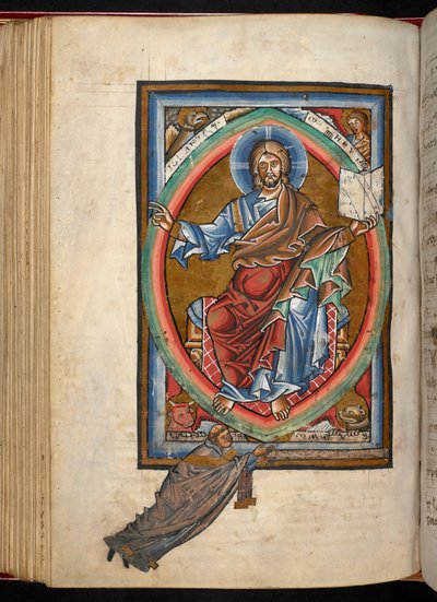 Arundel 156, f.99v, Cristo se sienta entronizado en majestad dentro de una mandorla, rodeado por los cuatro símbolos de los evangelistas, de 