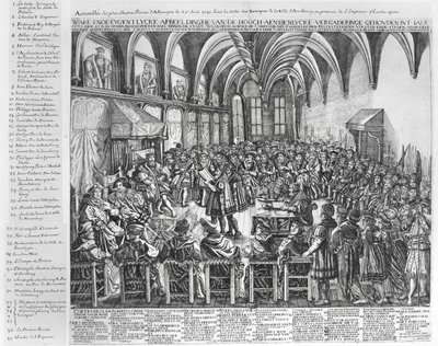 Asamblea de los príncipes más ilustres de Alemania, en el Salón del Obispo, Augsburgo, en presencia de Carlos V el 25 de junio de 1530 de German School