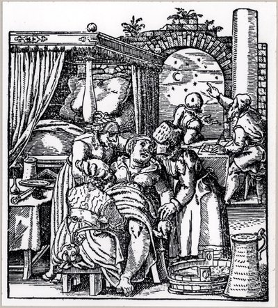Astrólogos haciendo un horóscopo para el niño que nace de una mujer en una silla de parto, de De Conceptu et Generatione Hominis por Jacob Rueff, publicado en Frankfurt, 1587 de German School