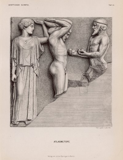 Atlas trayendo a Heracles las manzanas de las Hespérides en presencia de Atenea, metopa del Templo de Zeus, Olimpia, Grecia de German School