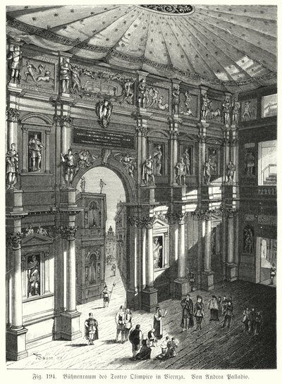 Auditorio y escenario del Teatro Olímpico, Piacenza, Italia, diseñado por Andrea Palladio (grabado) de German School