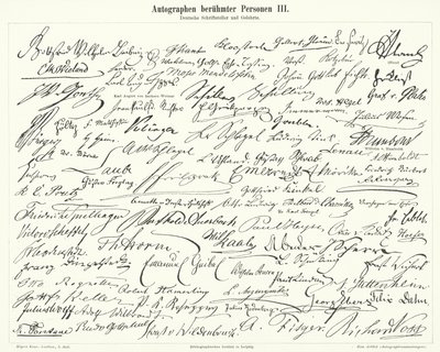 Autógrafos de personas famosas: escritores y científicos alemanes (grabado) de German School