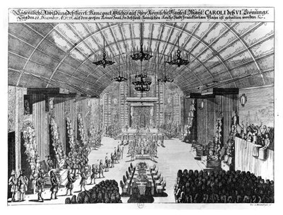 Banquete en el Salón Römer en Frankfurt-am-Main, en honor a la coronación de Carlos VI el 22 de diciembre de 1711 de German School