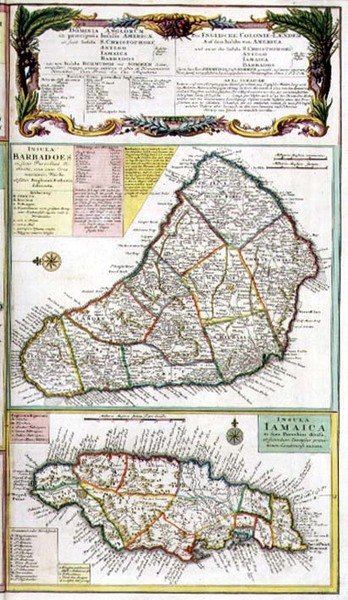 Barbados y Jamaica, detalle de un mapa de las colonias inglesas en el Caribe, pub. por los herederos de Homann, Nuremberg, c.1750 (detalle) de German School