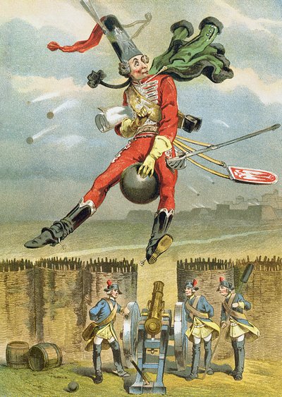 El barón Munchausen volando sobre las líneas enemigas en una bala de cañón, ilustración de una edición alemana de Las aventuras del barón Munchausen de German School