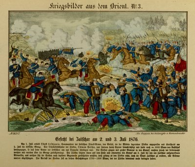 Batalla en Zajecar, 2-3 de julio de 1876, durante la Primera Guerra Serbo-Otomana (1876-77), Neuruppiner Bilderbogen, 1876 de German School