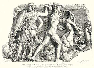 Batalla entre los dioses y titanes y gigantes, relieve griego antiguo de Pérgamo de German School
