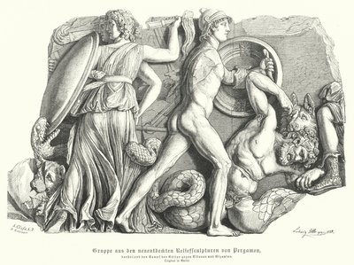 Batalla entre los dioses y los titanes y gigantes, relieve griego antiguo de Pérgamo de German School