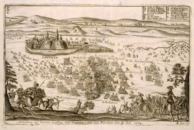 Batalla cerca de la Ciudad de Levice en 1664, ilustración de un libro sobre las campañas otomanas en Europa, grabado por Paul Furst de German School