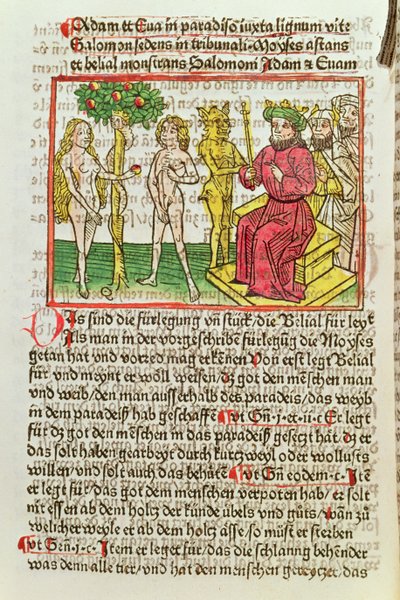 Belial presentando a Adán y Eva a Salomón, ilustración de una traducción alemana de Das Buch Belial, 1473 de German School