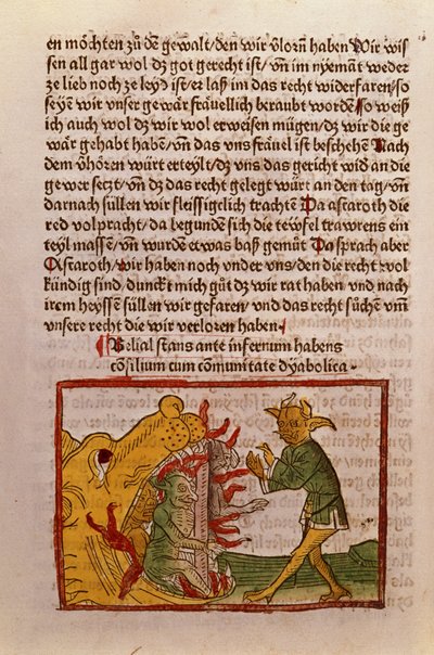 Belial en las puertas del infierno, ilustración de una traducción alemana de Das Buch Belial, 1473 de German School