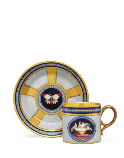 Taza y platillo de café de Berlín con falso pietra dura y micromosaico, c.1810-15 de German School
