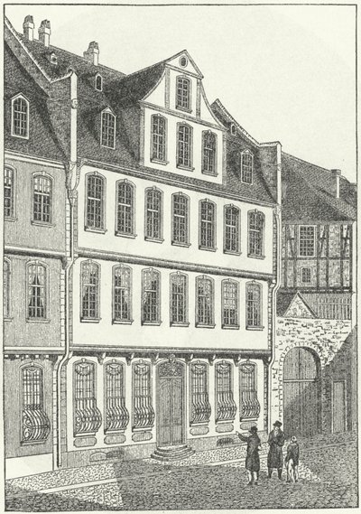 Lugar de nacimiento del escritor y estadista alemán Johann Wolfgang von Goethe, Fráncfort, Alemania (grabado) de German School