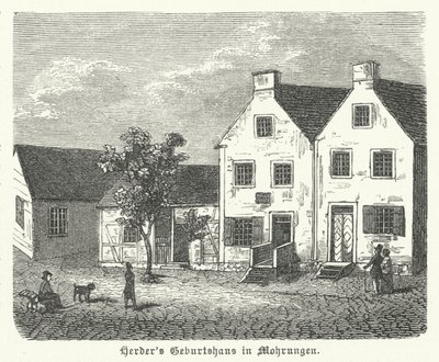 Lugar de nacimiento del autor, filósofo y teólogo luterano alemán Johann Gottfried von Herder, Mohrungen (grabado) de German School