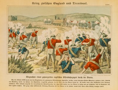 Los bóers capturan un tren blindado inglés durante la Segunda Guerra de los Bóers, cerca de Maseking, 14 de octubre de 1899, publicado por C. Burckhardts Nachf, Weissenburg, 1899 de German School